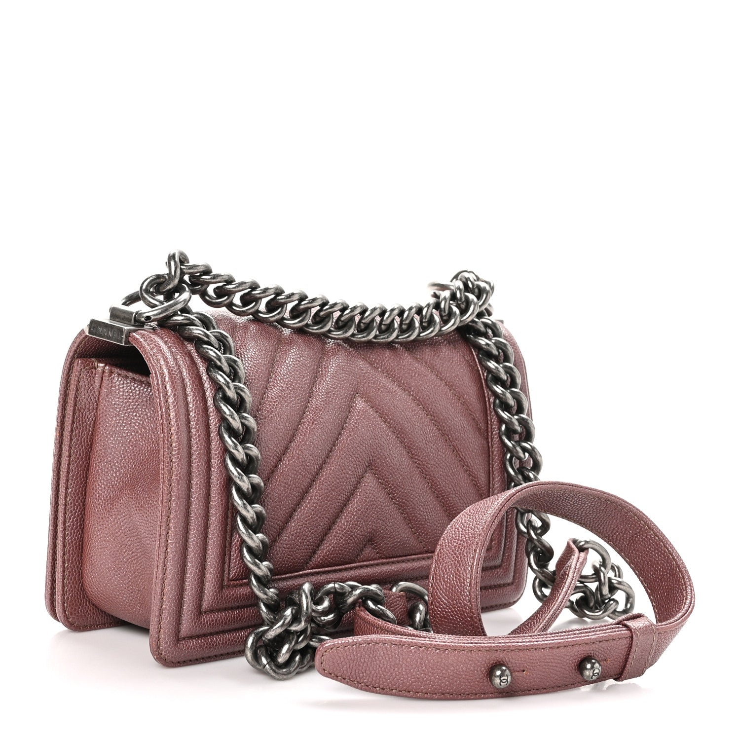 Chanel Metallic Caviar Chevron Quilted Small Boy Flap Dark Pink 3 of 12