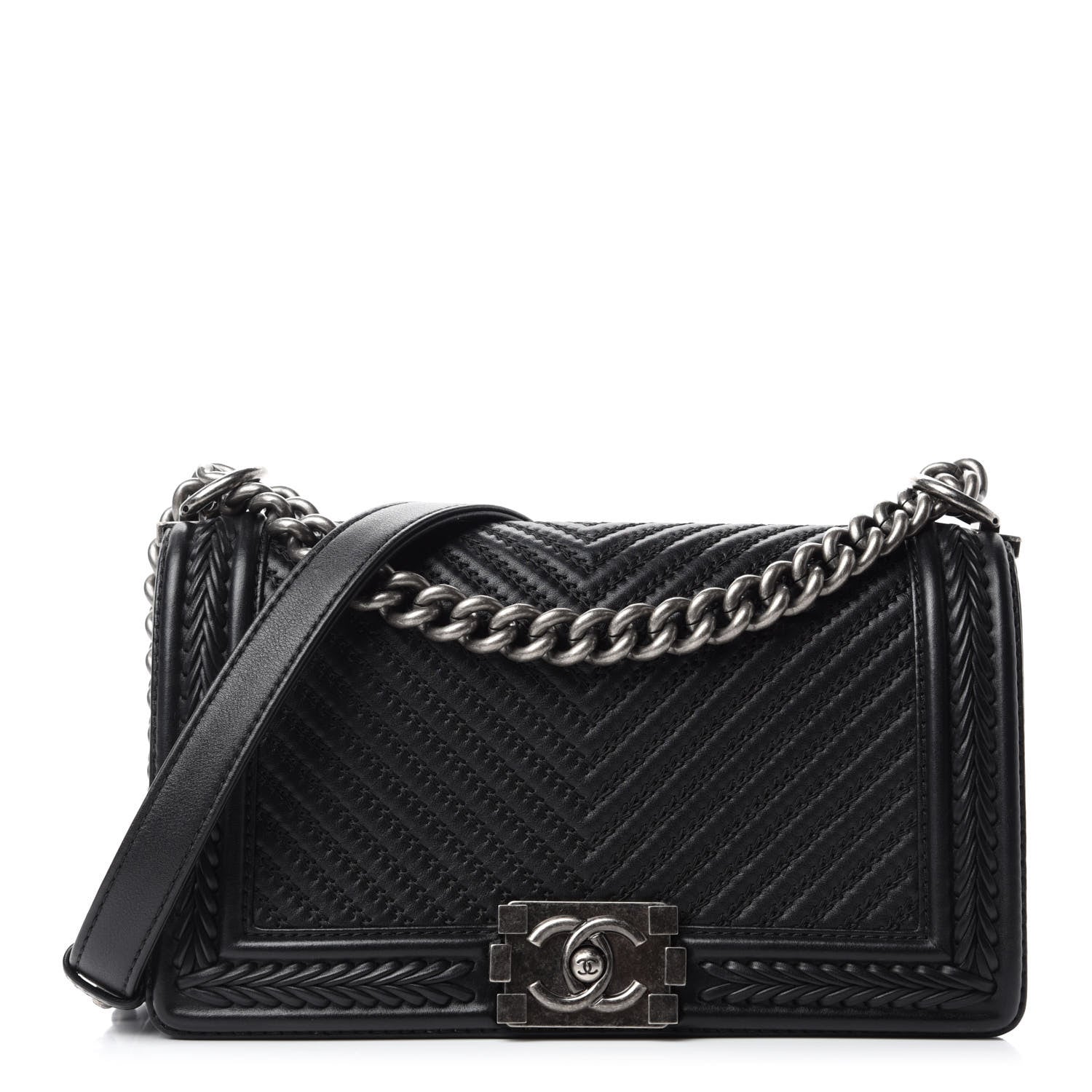 Chanel Calfskin Chevron Quilted Medium Braided Boy Flap Black 1 of 14