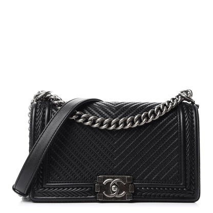 Chanel Calfskin Chevron Quilted Medium Braided Boy Flap Black 1 of 14