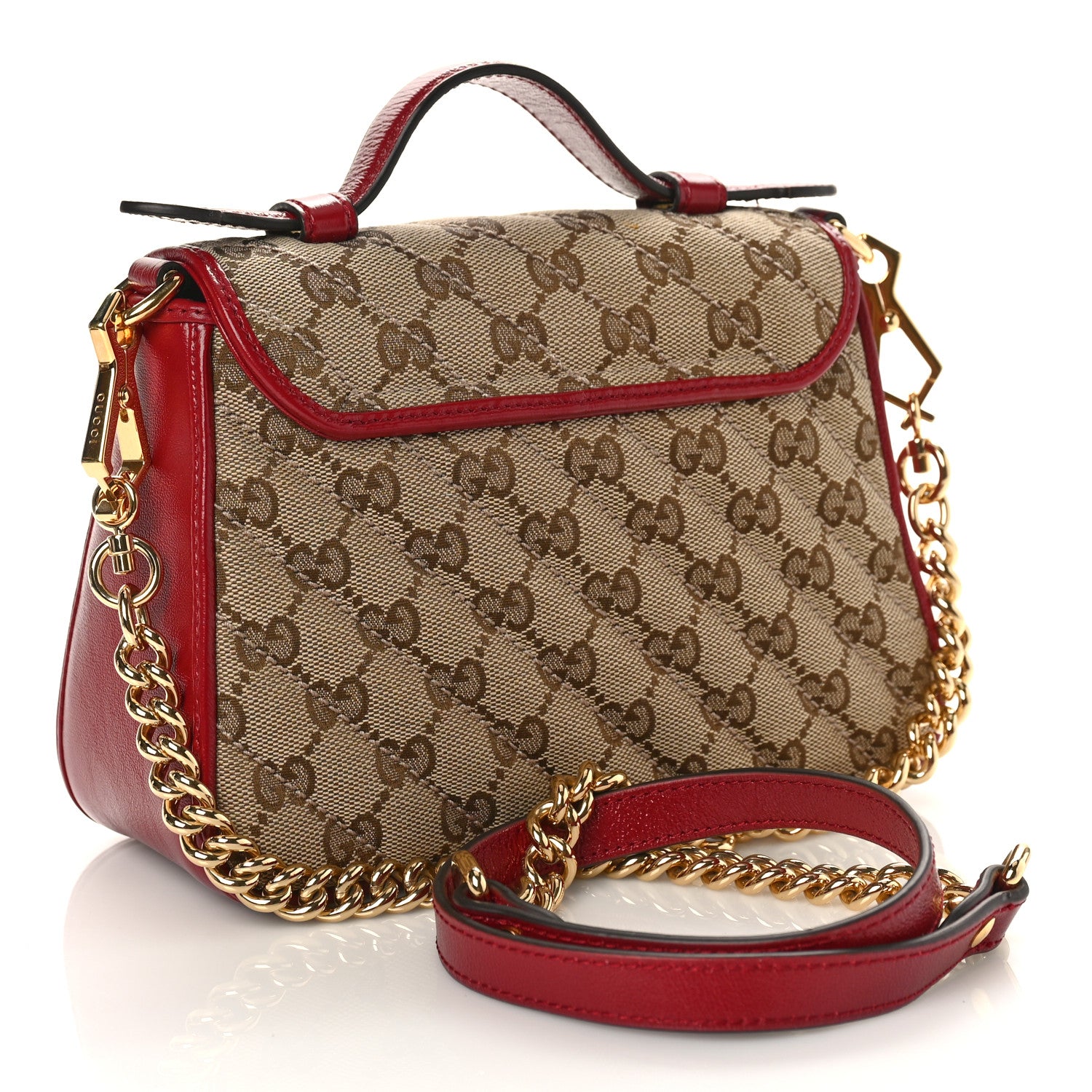 Gucci Monogram Glazed Calfskin Matelasse Diagonal Mini GG Marmont Top Handle Shoulder Bag Beige Ebony New Cherry Red 3 of 9