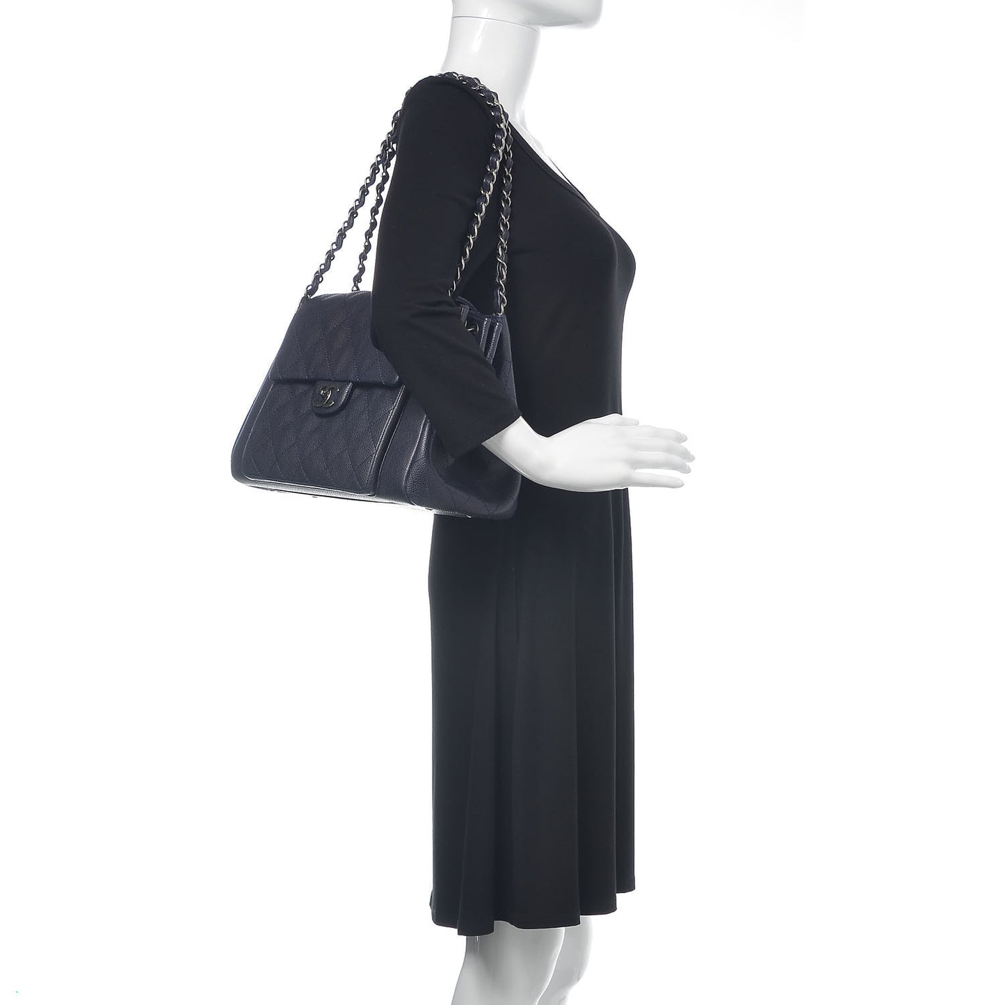 Caviar Quilted CC Accordion Shopping Bag Navy