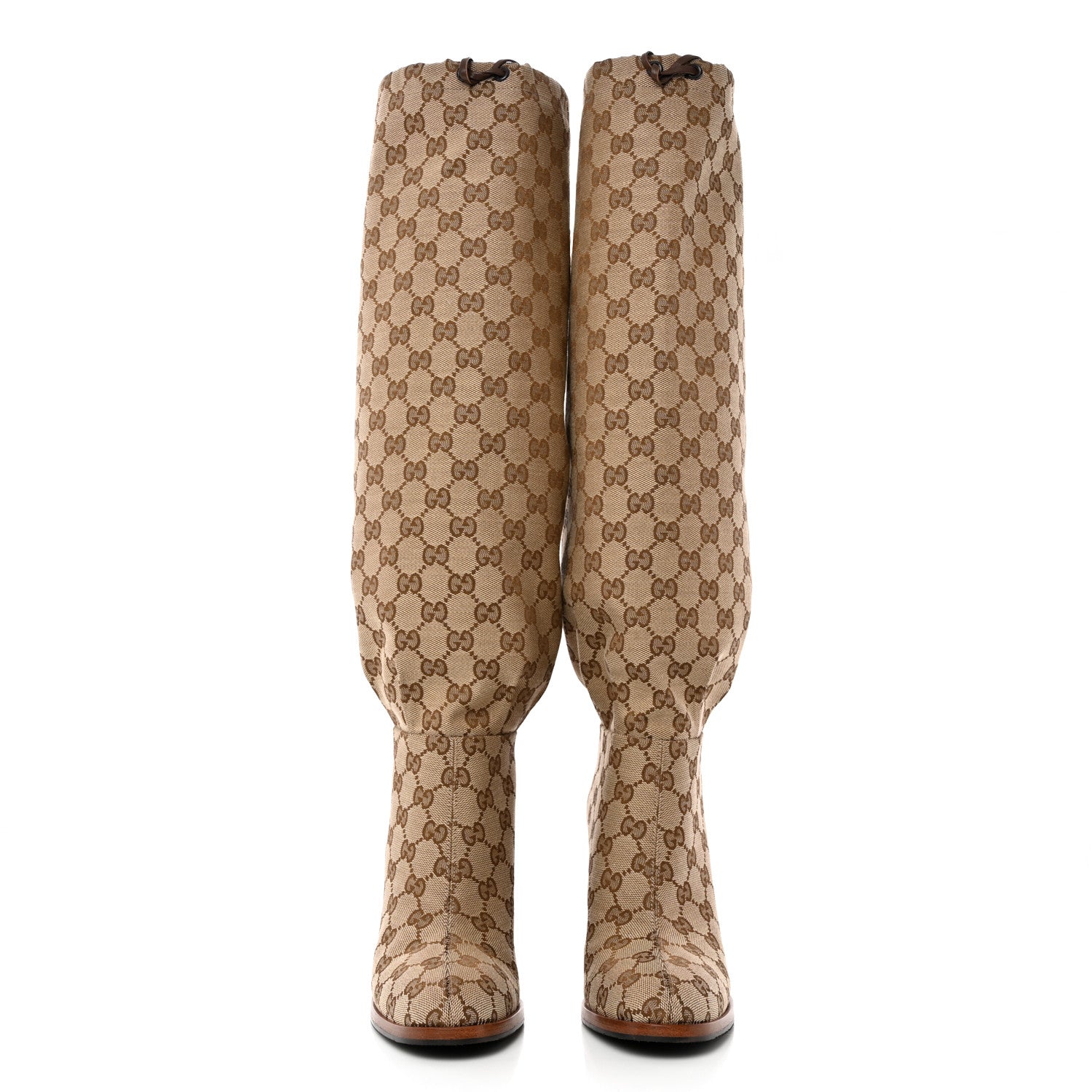 Gucci Monogram Malaga Kid Lisa Mid Heel Boots 38.5 Beige Ebony 2 of 13