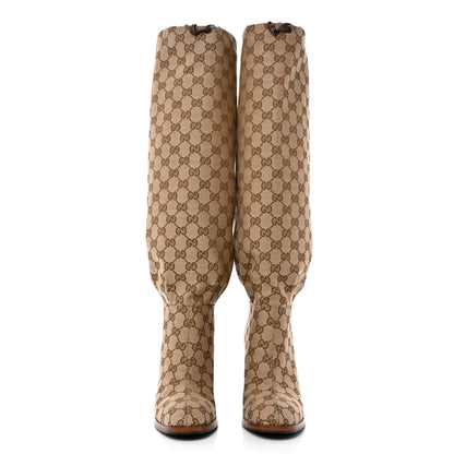 Gucci Monogram Malaga Kid Lisa Mid Heel Boots 38.5 Beige Ebony 2 of 13