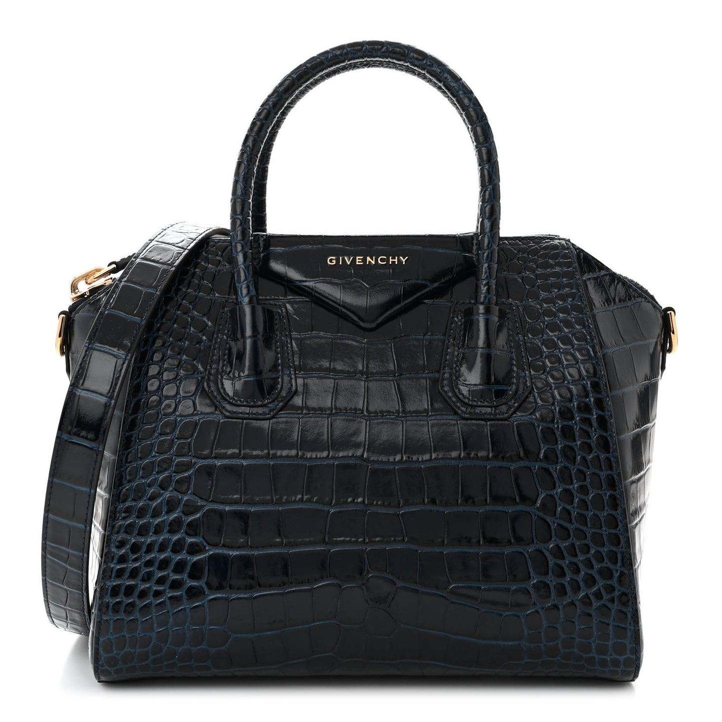 Calfskin Crocodile Embossed Small Antigona Navy