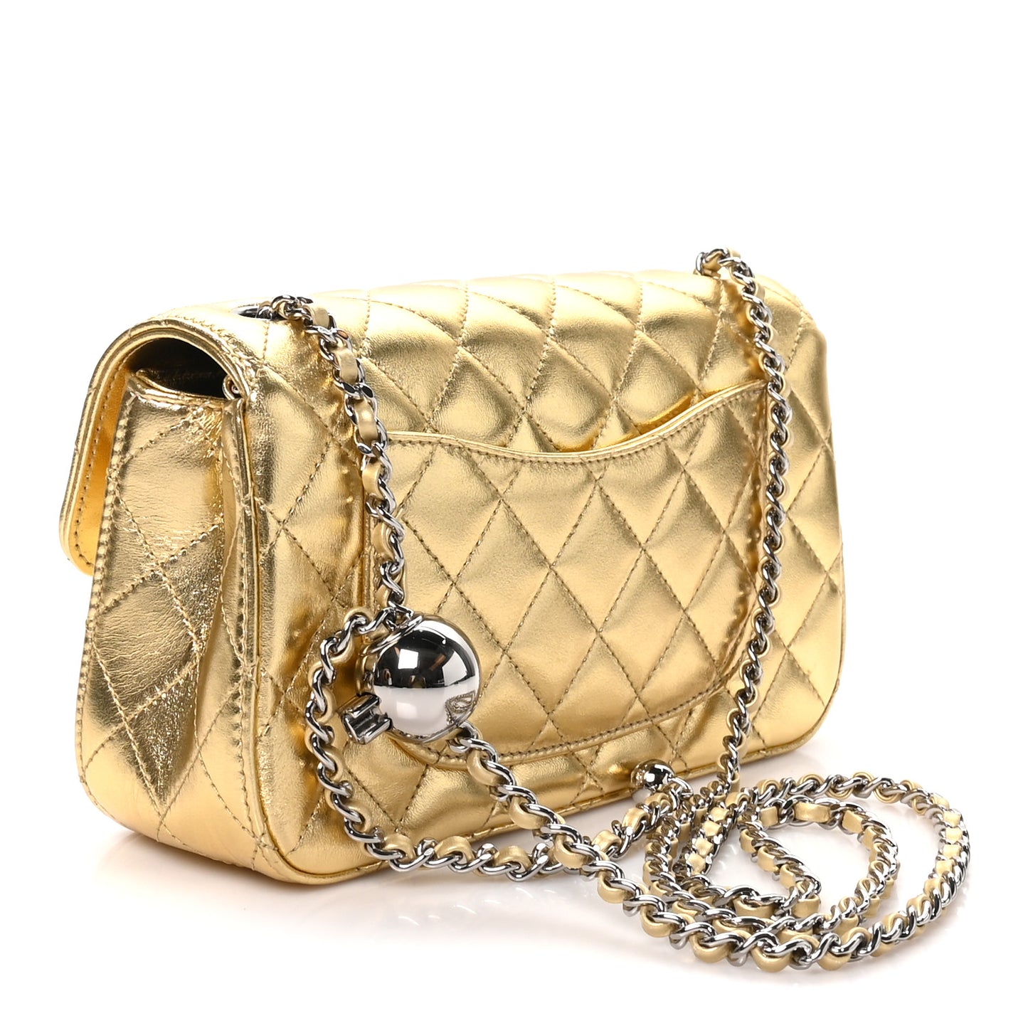 Metallic Lambskin Quilted Mini Rectangular Pearl Crush Flap  Gold