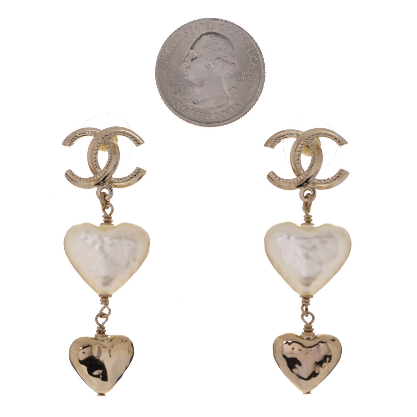 Pearl CC Double Heart Drop Earrings Gold