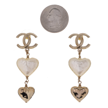 Chanel Pearl CC Double Heart Drop Earrings Gold 2 of 5