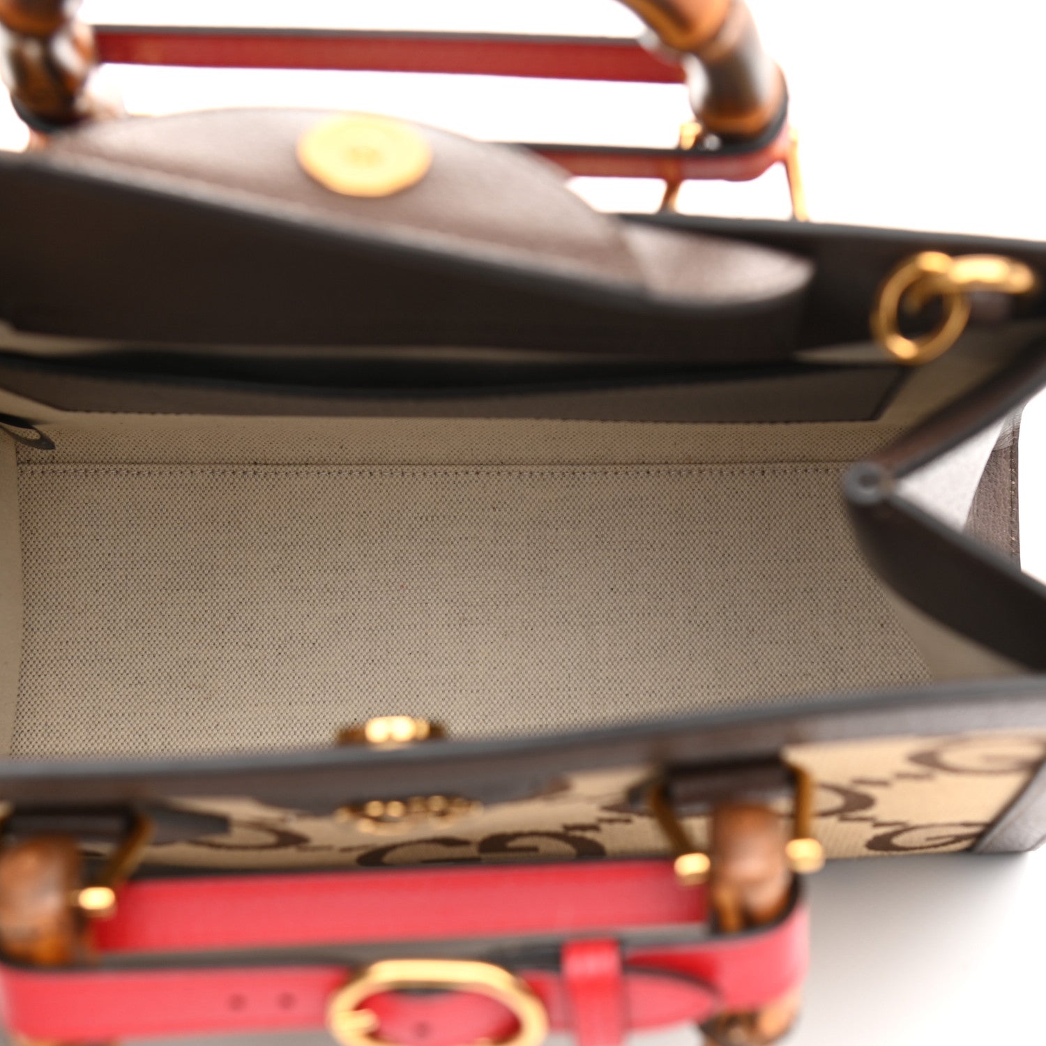 Gucci Monogram Jumbo GG Textured Dollar Calfskin Small Diana Tote Bag Camel Ebony New Acero Pomegranate Red 9 of 17