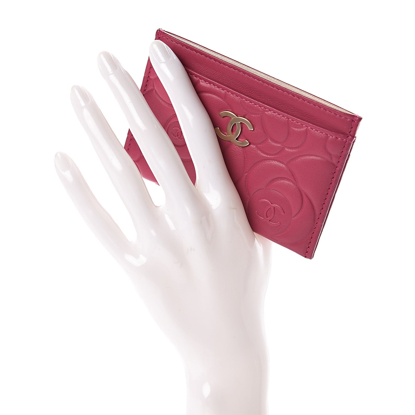 Lambskin Camellia Embossed Card Holder Fuchsia