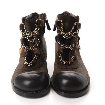 Chanel Calfskin Pony Hair CC Charm Chain Cap Toe Short Boots 36.5 Brown Black 2 of 9