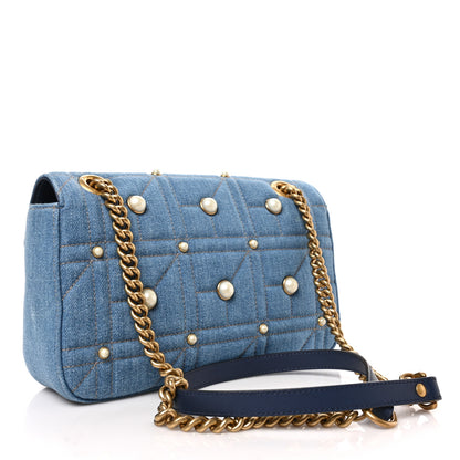 Gucci Denim Matelasse Pearl Studded Small GG Marmont Shoulder Bag Blue 3 of 9