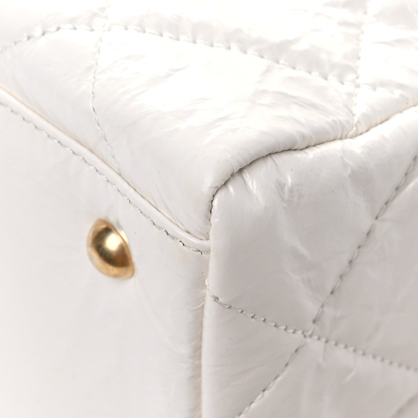 Shiny Crumpled Calfskin Quilted Large Bowling Bag White