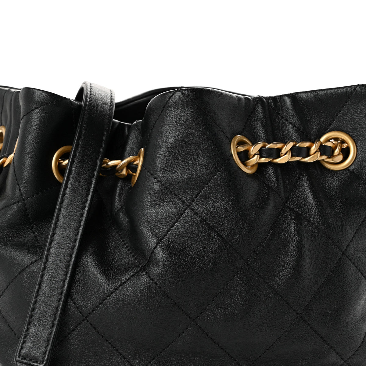 Chanel Shiny Lambskin Quilted Medallion Chain Drawstring Bucket Bag Black 7 of 9