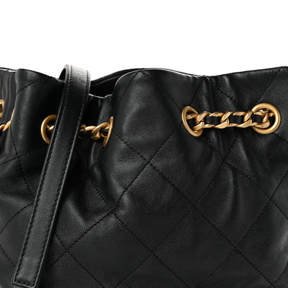 Chanel Shiny Lambskin Quilted Medallion Chain Drawstring Bucket Bag Black 7 of 9
