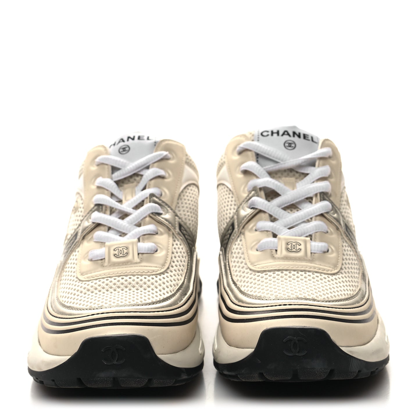 Fabric Laminated Calfskin Stretch CC Womens Sneakers 37 White Gold Silver