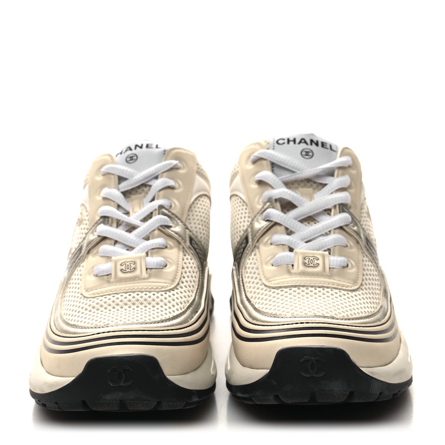 Chanel Fabric Laminated Calfskin Stretch CC Womens Sneakers 37 White Gold Silver 2 of 10