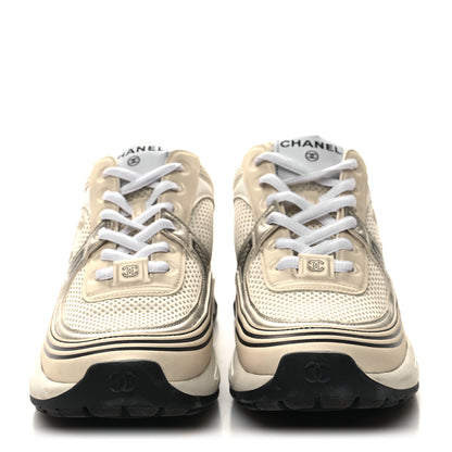 Chanel Fabric Laminated Calfskin Stretch CC Womens Sneakers 37 White Gold Silver 2 of 10