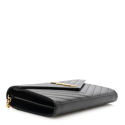 Saint Laurent Grain De Poudre Matelasse Chevron Monogram Chain Wallet Black 4 of 9