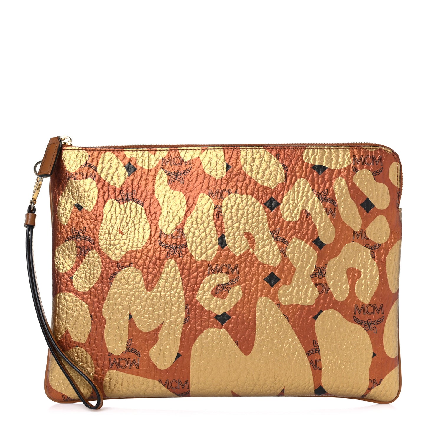 Visetos Metallic Leopard Print Large Stark Wristlet Pouch Cognac