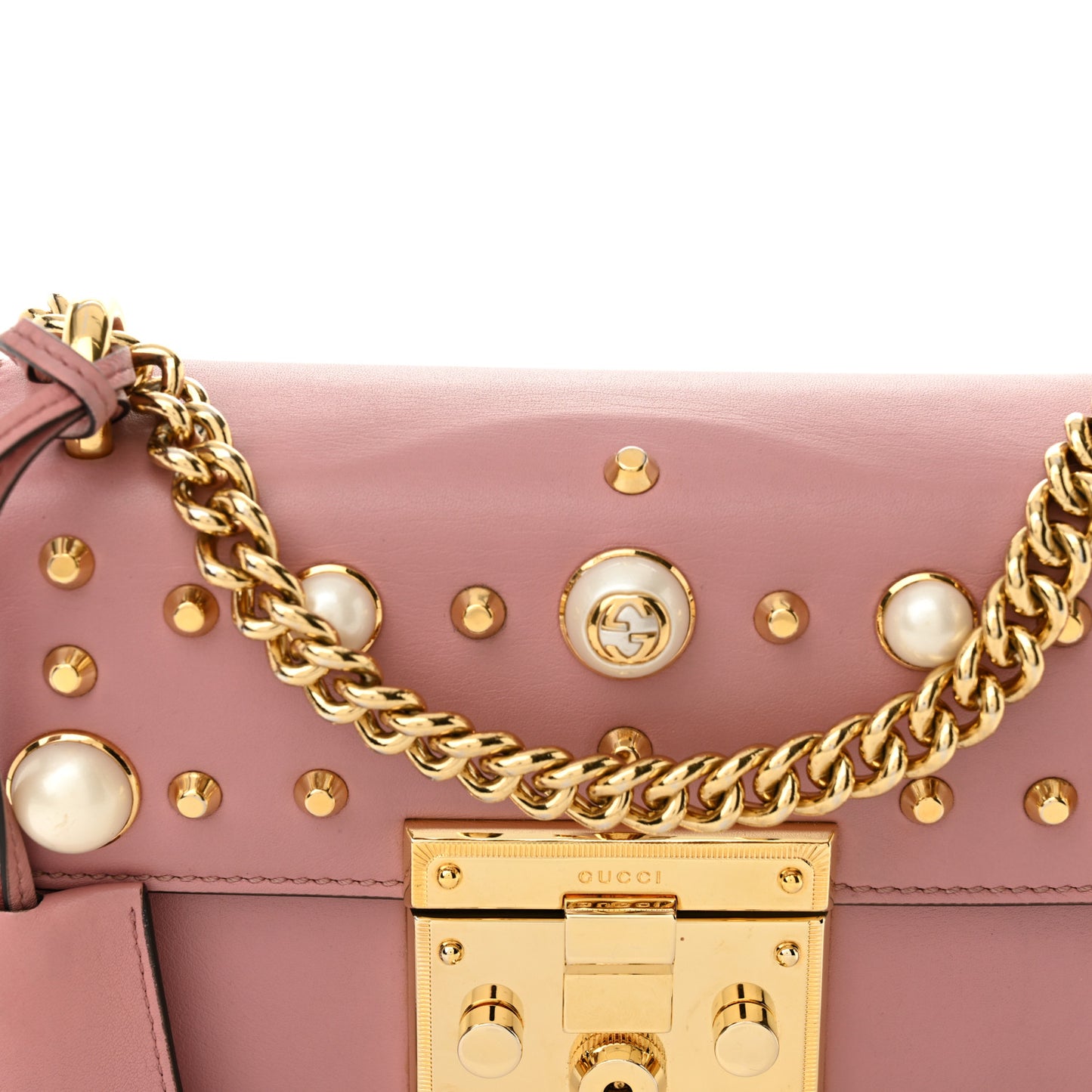 Calfskin Studded Small Padlock Shoulder Bag Carmine Rose