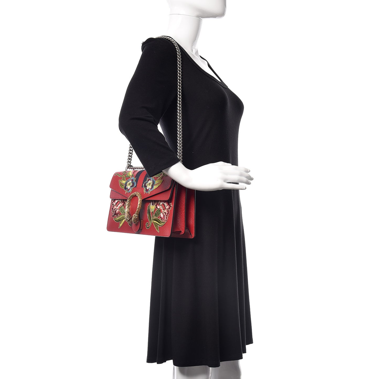 Calfskin Web Floral Embroidered Small Dionysus Shoulder Bag Hibiscus Red