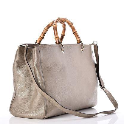 Gucci Metallic Pebbled Calfskin Large Bamboo Shopper Tote Golden Beige 4 of 10
