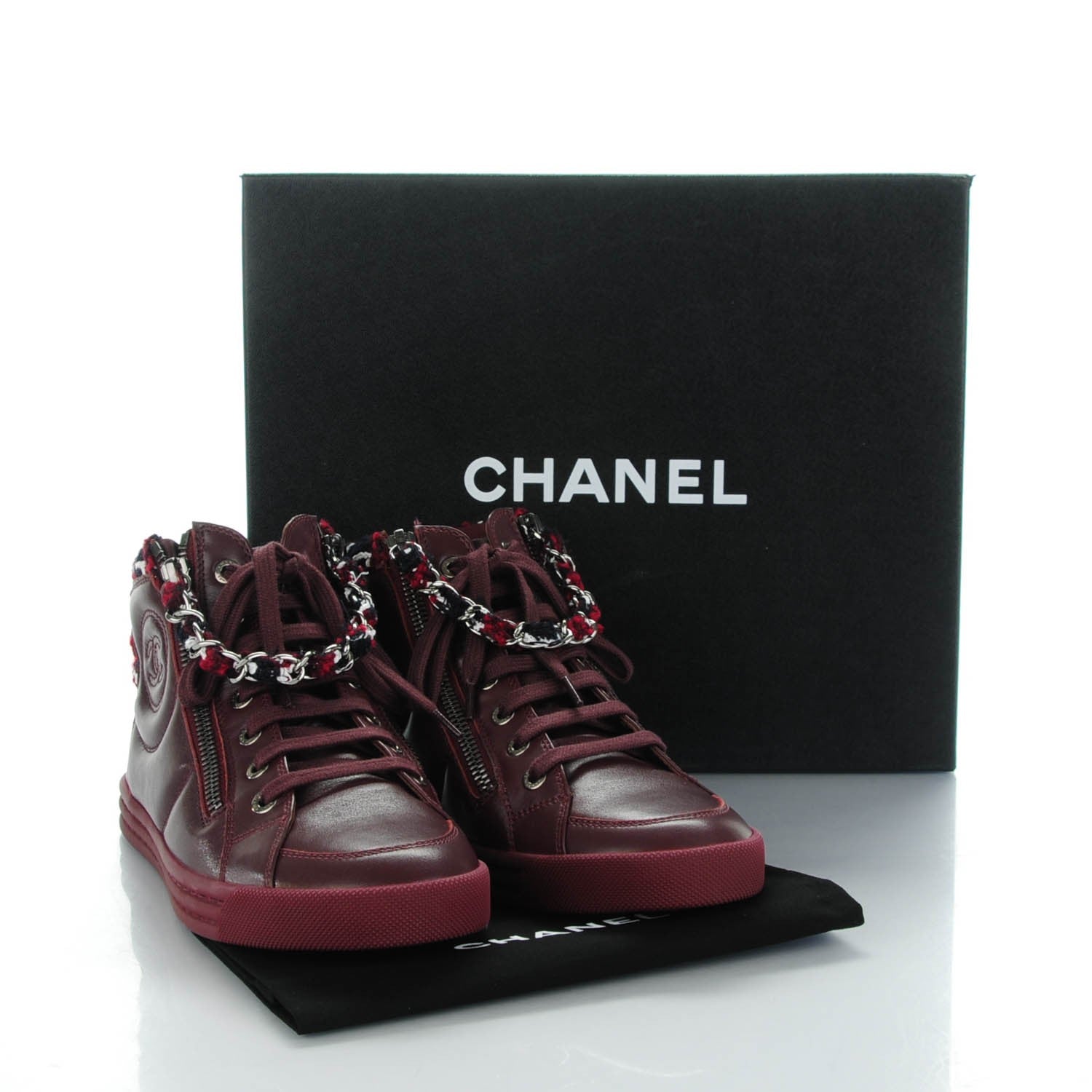 Chanel Lambskin Tweed Chain CC Sneakers 36 Burgundy Navy White 9 of 9