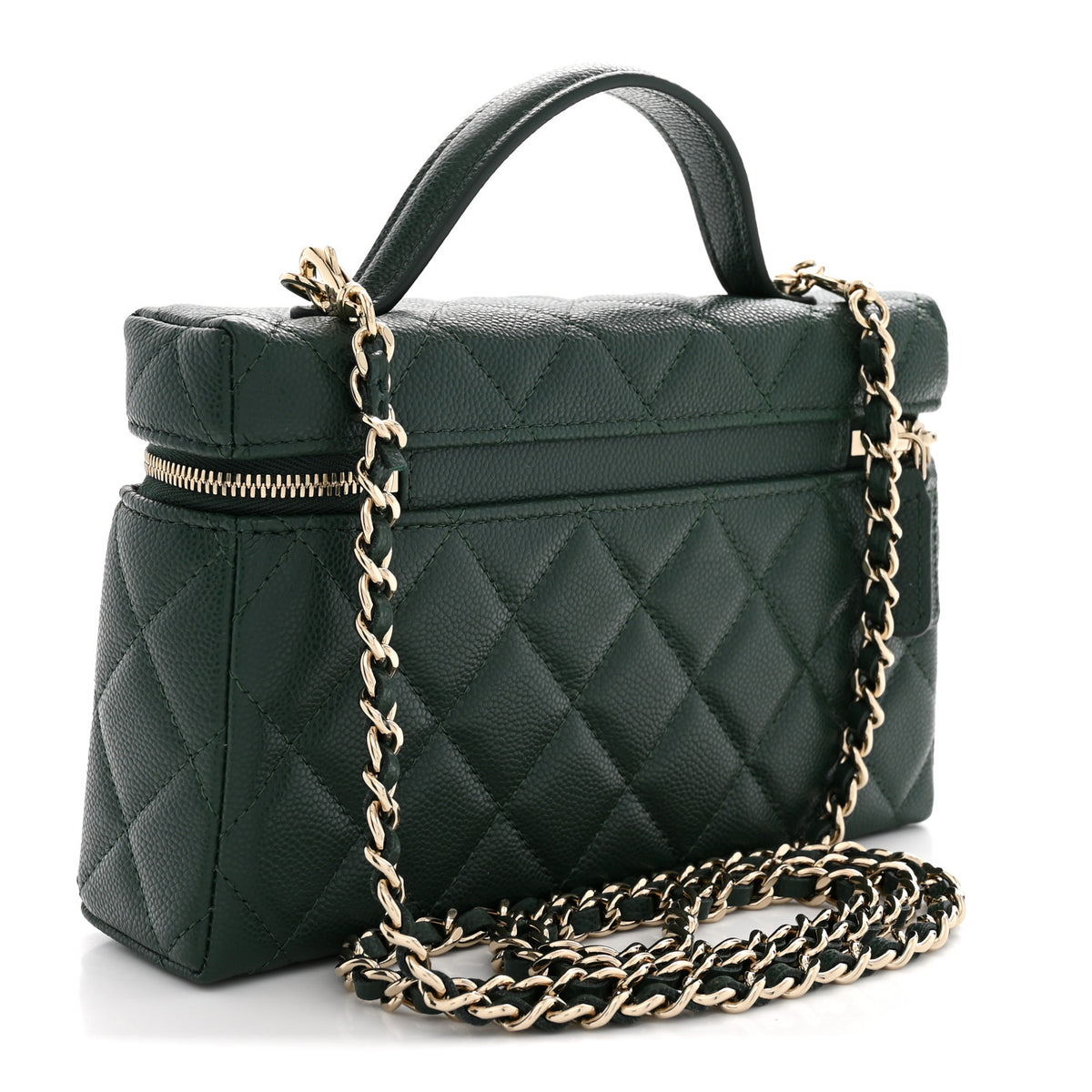 Caviar Quilted Top Handle Slim Vanity With Chain Dark Green
