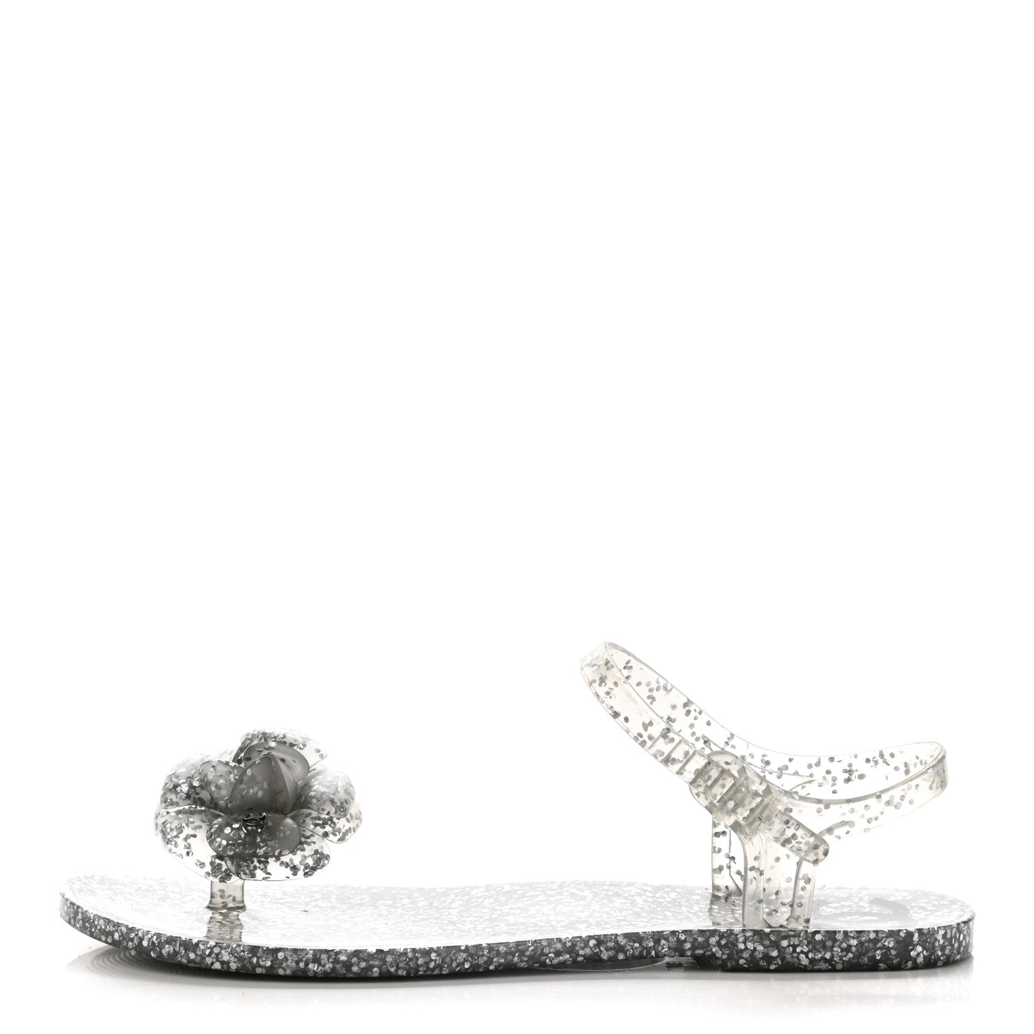 Chanel Jelly Camellia Glitter Thong Sandals 37 Grey 1 of 7