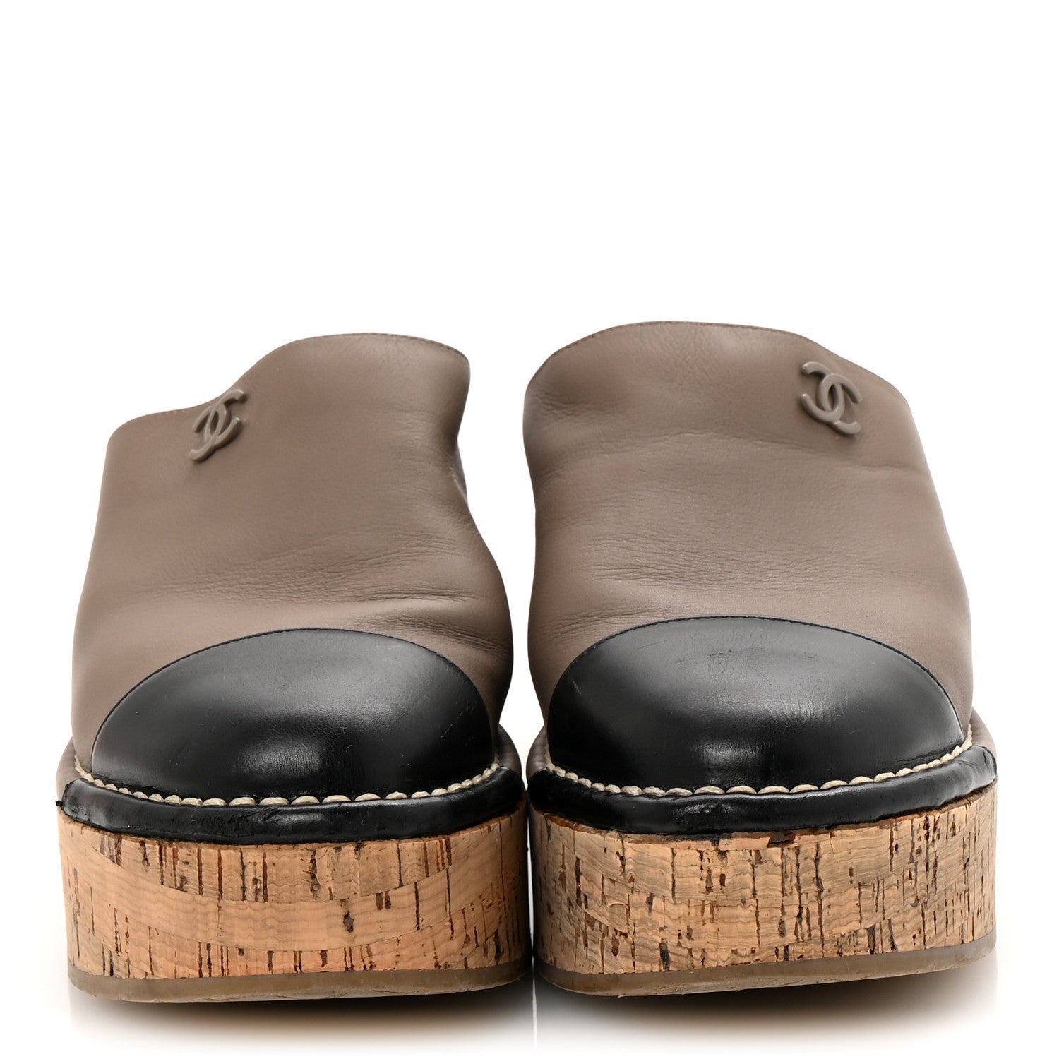 Chanel Calfskin Cork Cap Toe CC Clogs 38.5 Taupe Black 3 of 9