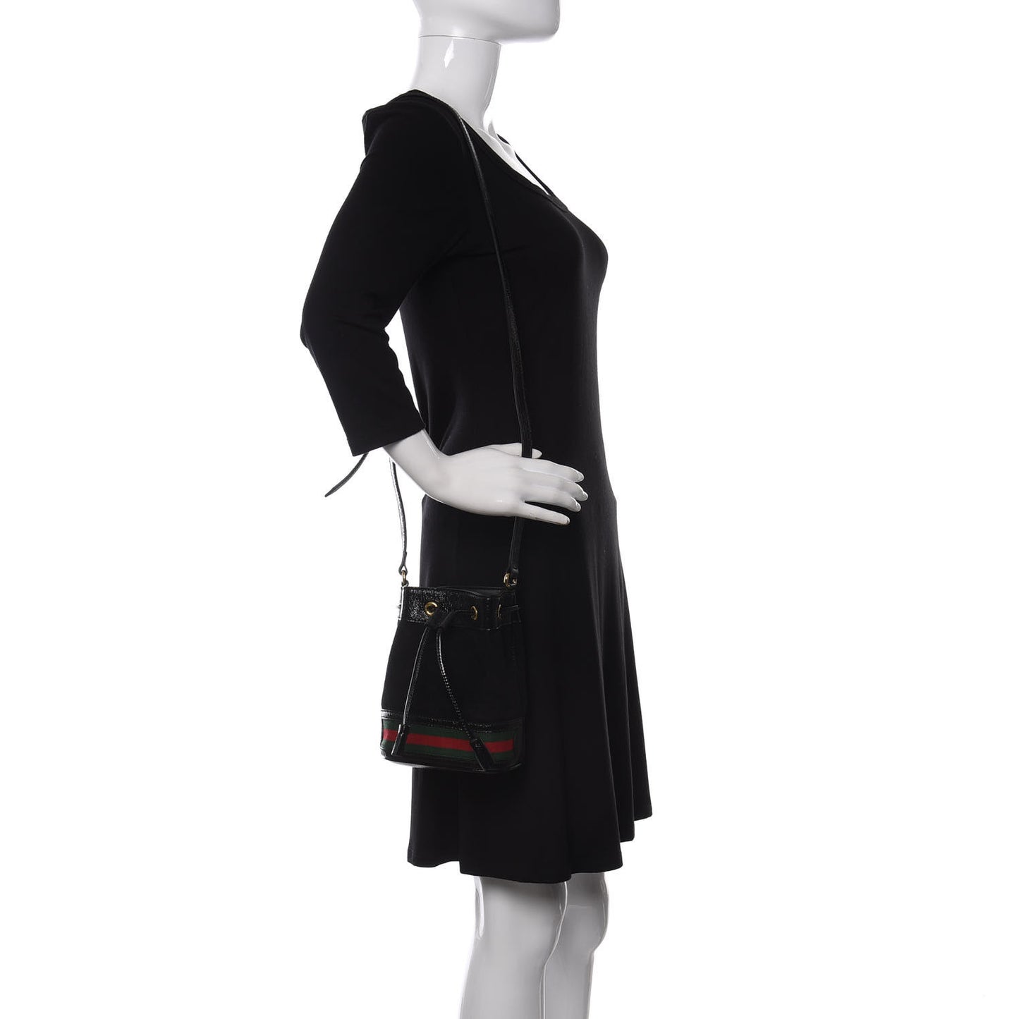 Suede Patent Web Mini Ophidia Bucket Bag Black