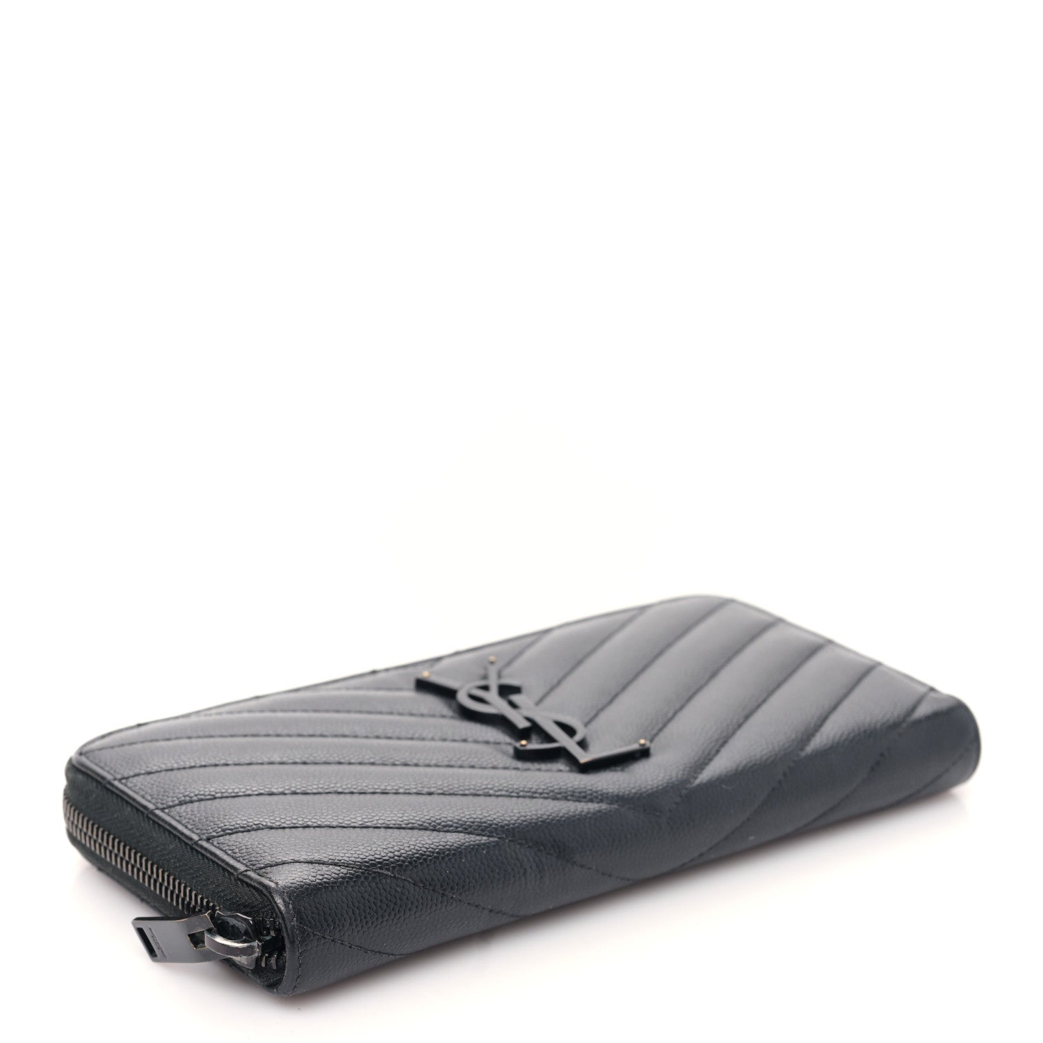 Saint Laurent Grain De Poudre Matelasse Chevron Monogram Monochrome Zip Around Wallet Black 4 of 9