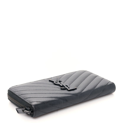 Saint Laurent Grain De Poudre Matelasse Chevron Monogram Monochrome Zip Around Wallet Black 4 of 9