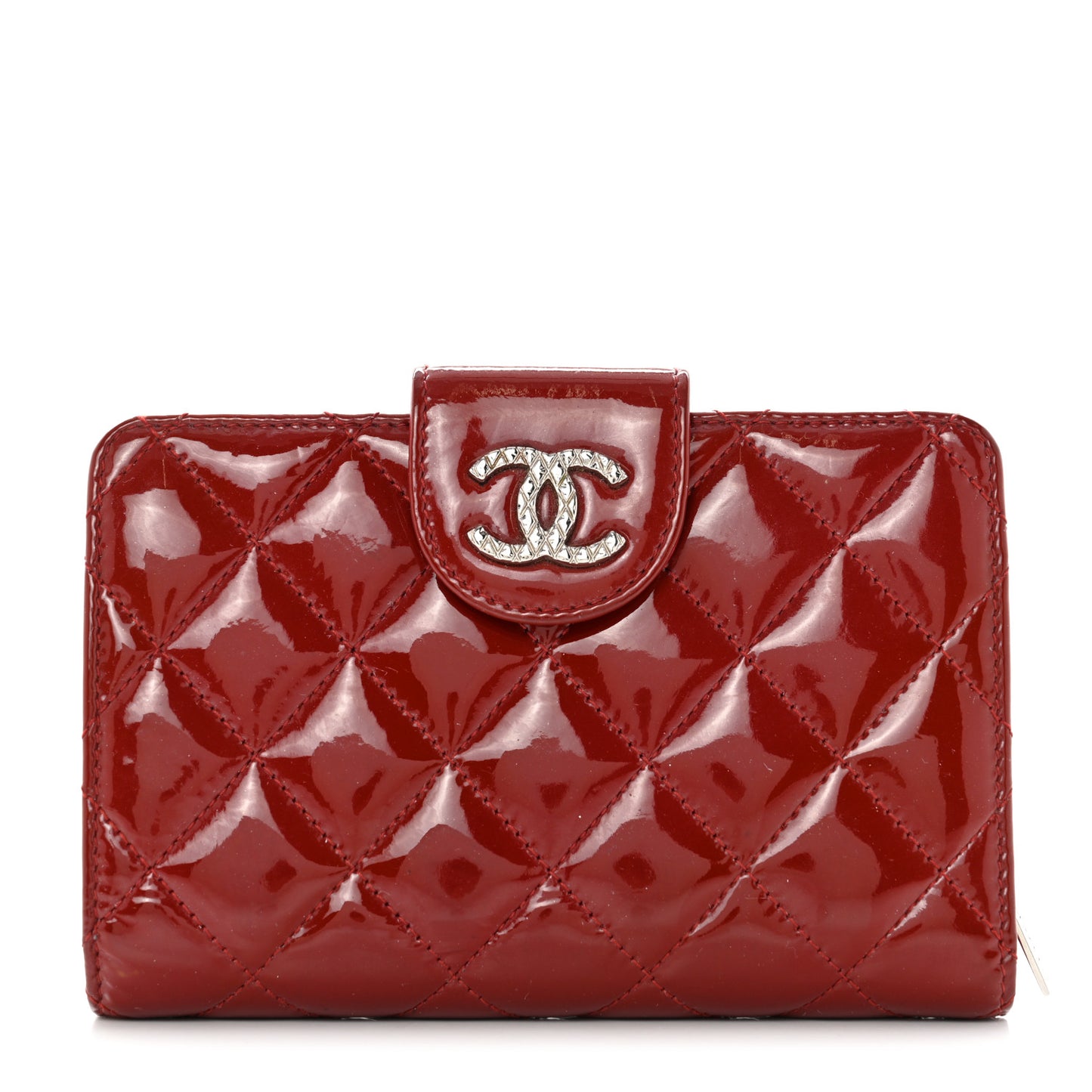 Patent Quilted Brilliant Zipped Pocket Wallet Dark Red