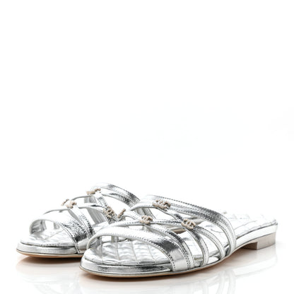 Chanel Laminated Lambskin Pearl CC Sandals 38 Silver 3 of 11