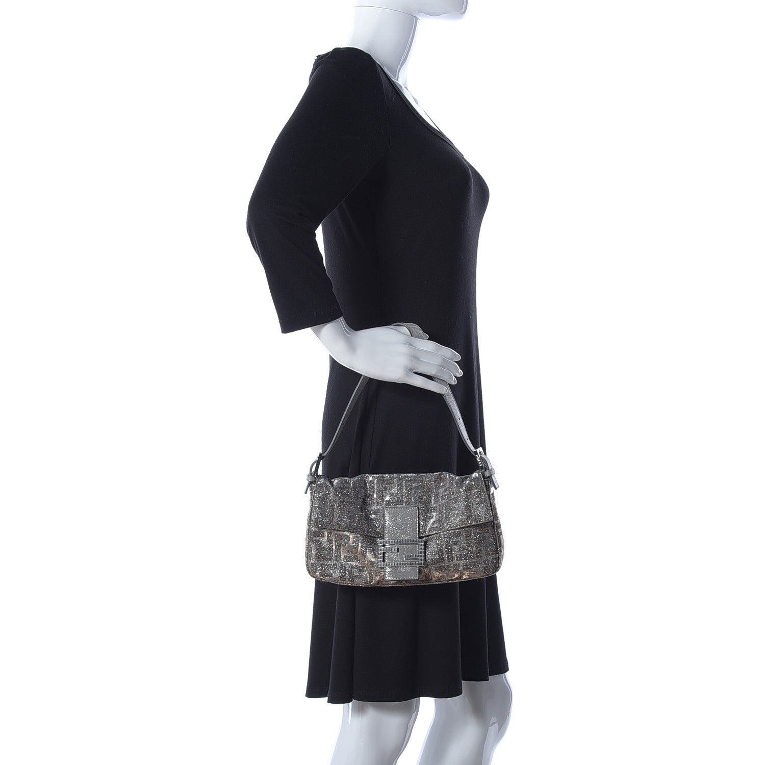 Fendi Metallic Lurex Zucca Vitello Baguette Oro Argento 2 of 11