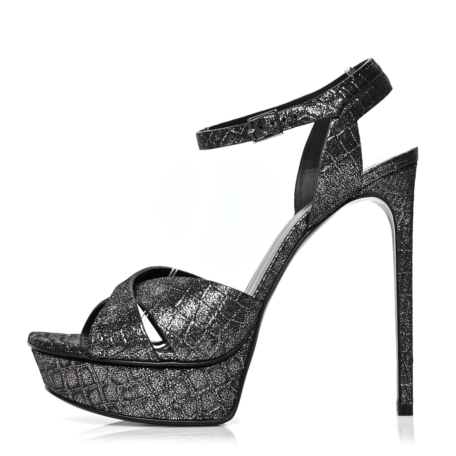 Saint Laurent Metallic Calfskin Crocodile Embossed Tribute 105 Platform Sandals 41 Anthracite 1 of 8