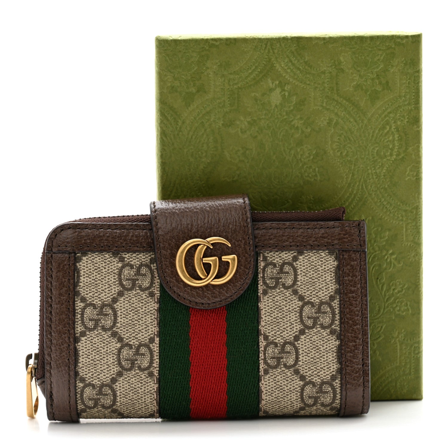 Gucci GG Supreme Monogram Textured Dollar Calfskin Web Ophidia Overlay Zip Around Card Case Wallet Beige Ebony New Acero 9 of 9