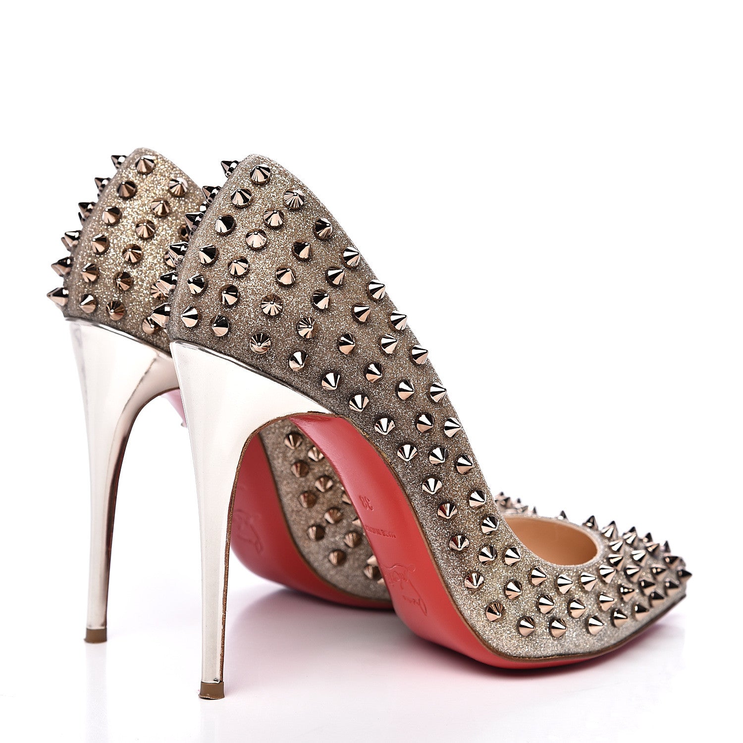 Christian Louboutin Glitter Mini Specchio Follies Spikes 100 Pumps 38 Ivory Colombe Metal 4 of 9