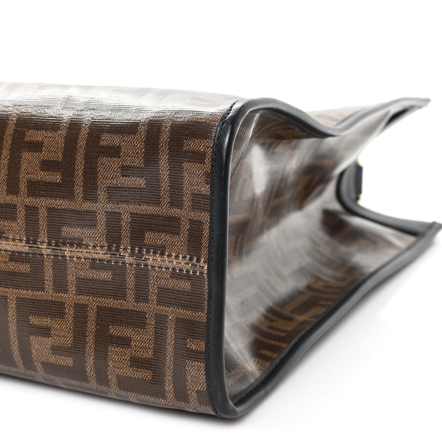 Fendi Glazed Fabric Vitello Century Plexiglass FF 1974 Stamp Patch Medium Runaway Shopper Tote Mogano Panna Black 11 of 12