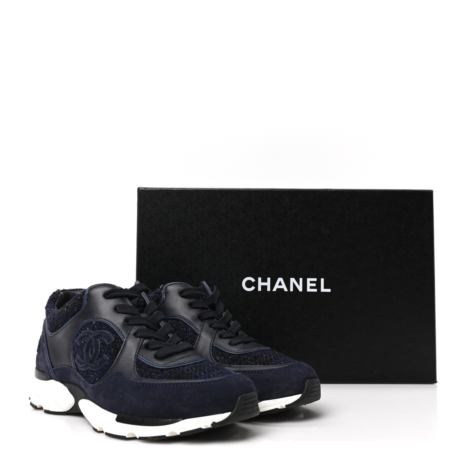 Chanel Iridescent Wool Tweed Suede Womens CC Sneakers 36 Navy Black White 9 of 9
