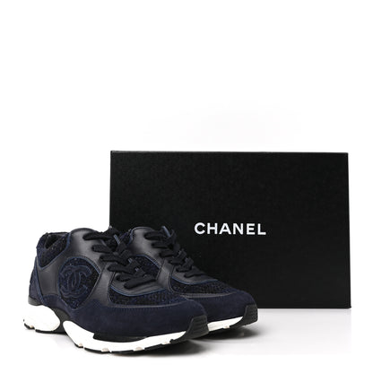Chanel Iridescent Wool Tweed Suede Womens CC Sneakers 36 Navy Black White 9 of 9