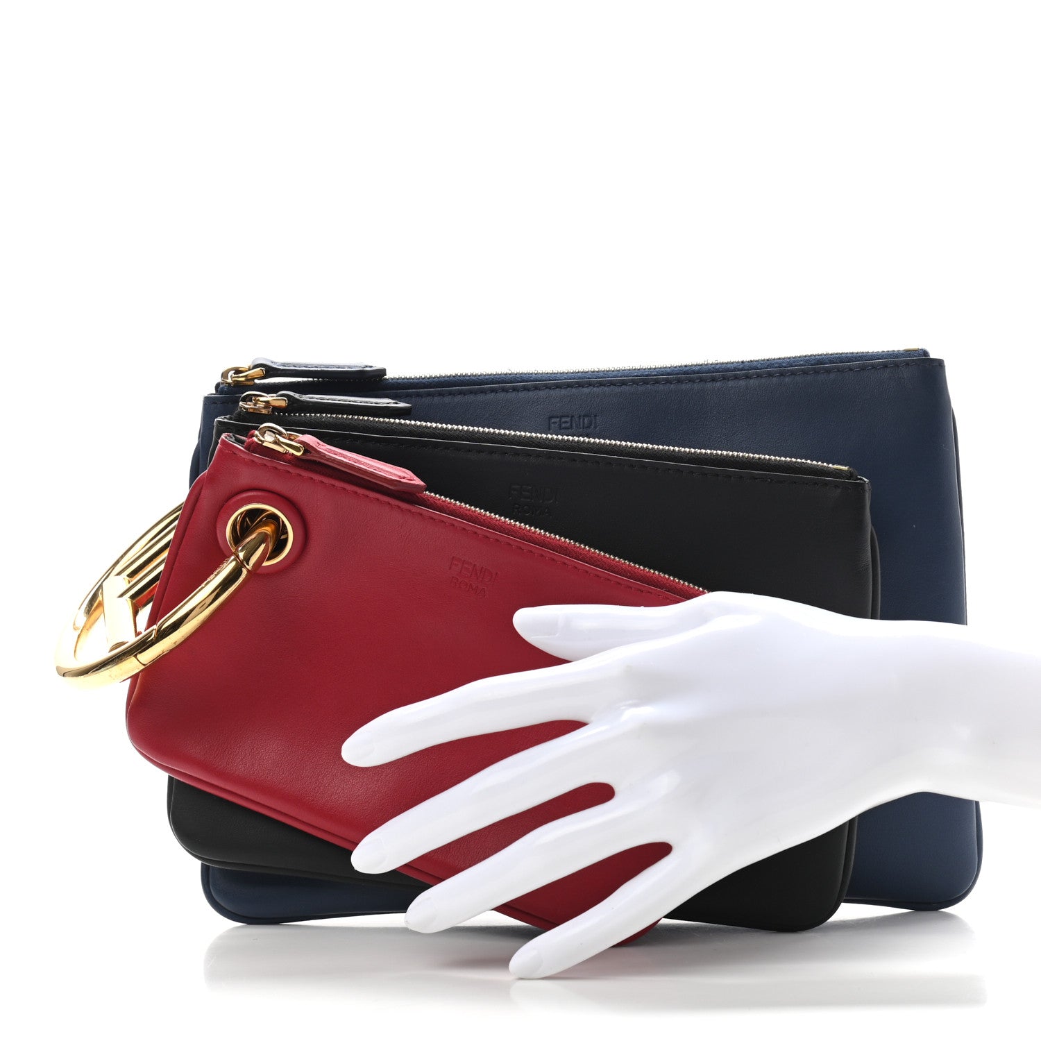 Fendi Vitello Century Opaco F is Fendi Tri-Color Triplette Pouch Set Fragola Black Blu Scuro 2 of 7