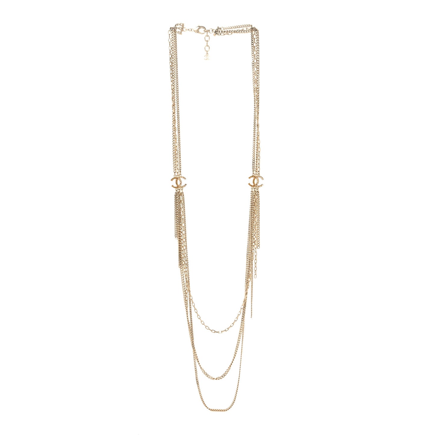 Baguette Crystal Gripoix Poured Glass CC Multi Strand Chain Necklace Light Gold