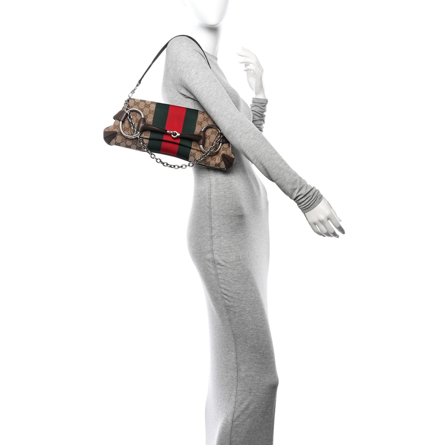 Monogram Textured Dollar Calfskin Heavy Grosgrain Web Medium Maxi Horsebit Chain Shoulder Bag Beige Ebony New Acero