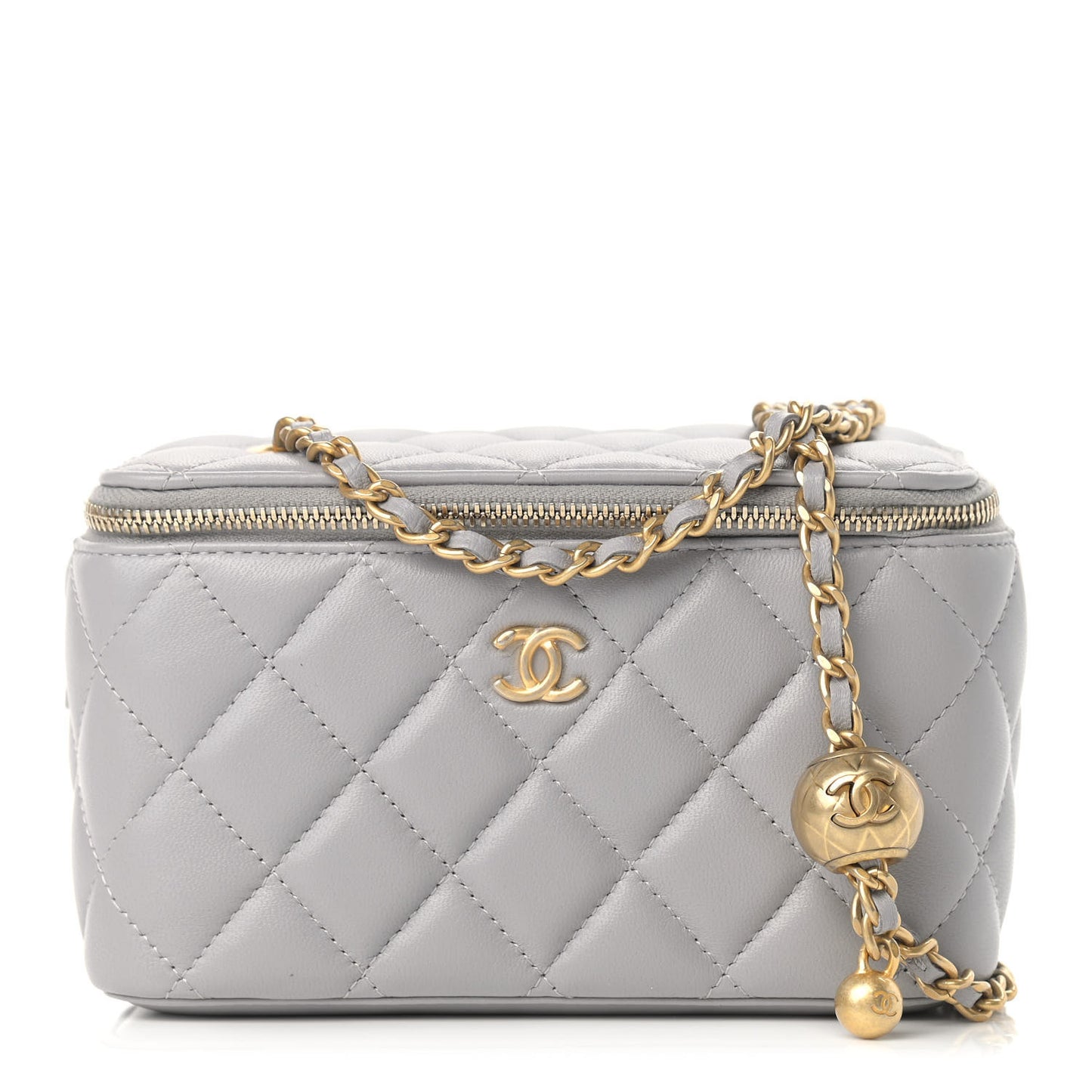 Lambskin Quilted Small Pearl Crush Vanity Case With Chain Grey