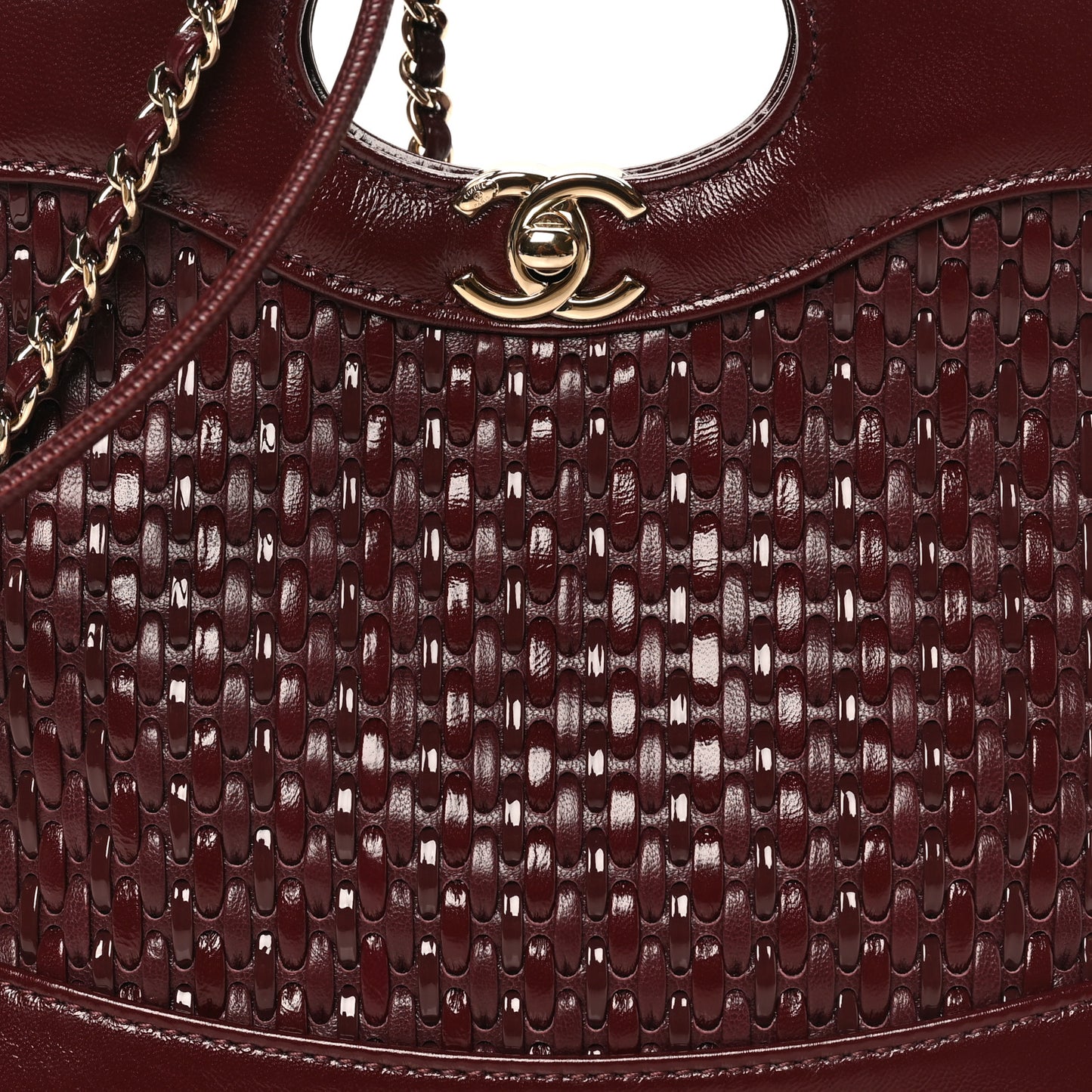 Shiny Lambskin Patent Calfskin Quilted Mini 31 Shopping Bag Dark Burgundy