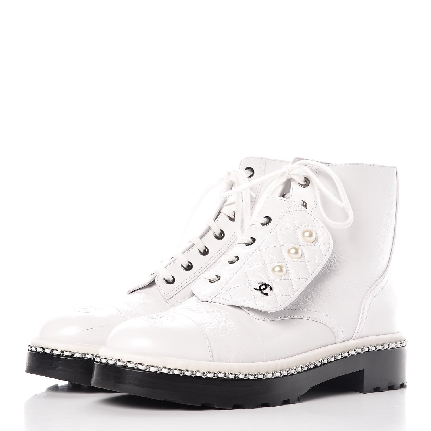 Chanel Crackled Calfskin Pearl Chain CC Combat Short Boots 40 White 3 of 16