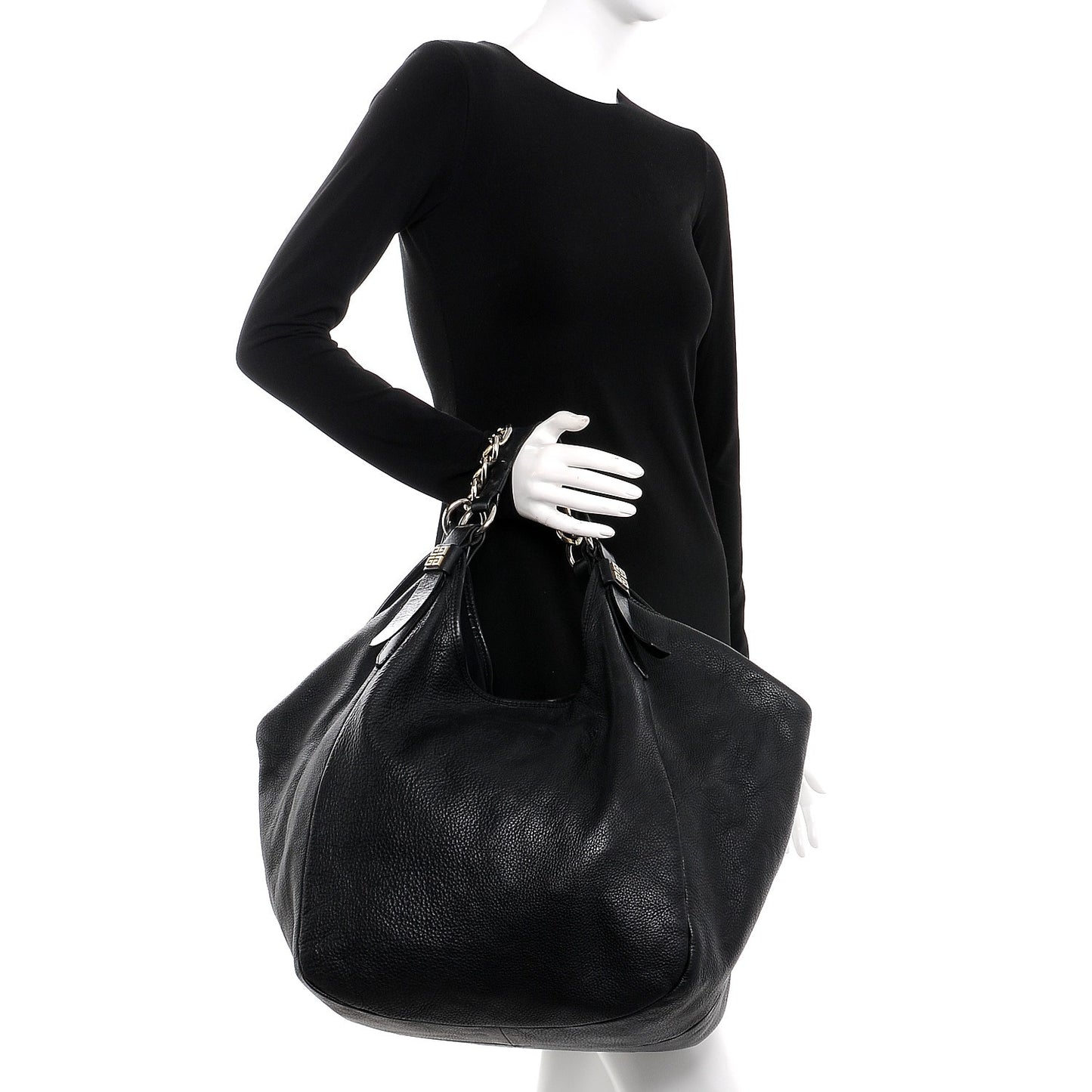 Leather Chain Hobo Shoulder Bag Black