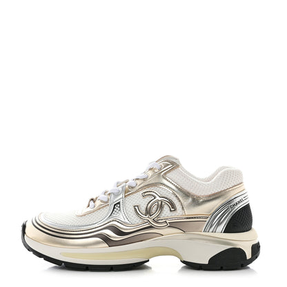 Chanel Fabric Laminated Calfskin Stretch CC Womens Sneakers 38 White Gold Silver 1 of 9